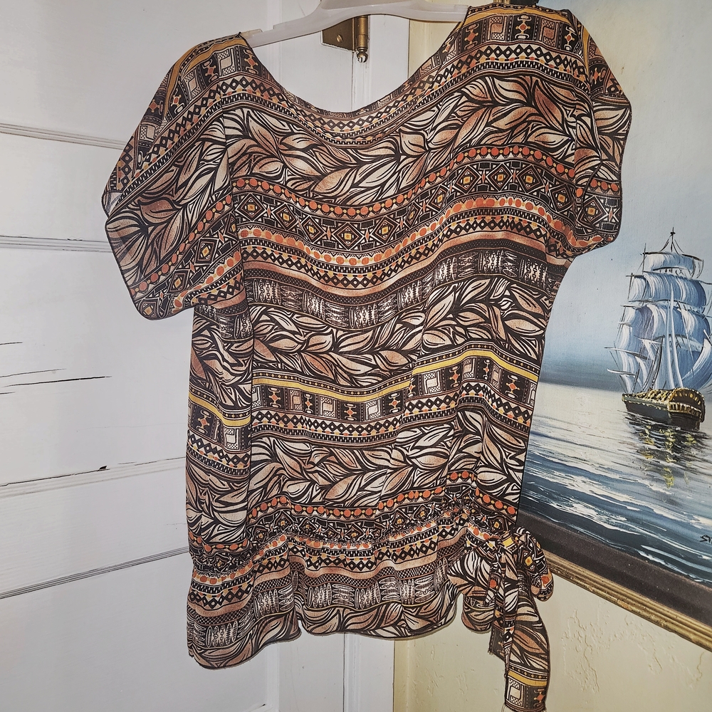 Semi Sheer Women's Blouse - Brown and Orange Pattern